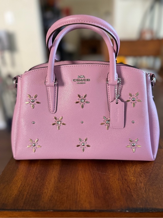 Coach Handbags - COACH Pink Pebbled Leather Floral-Stud Satchel